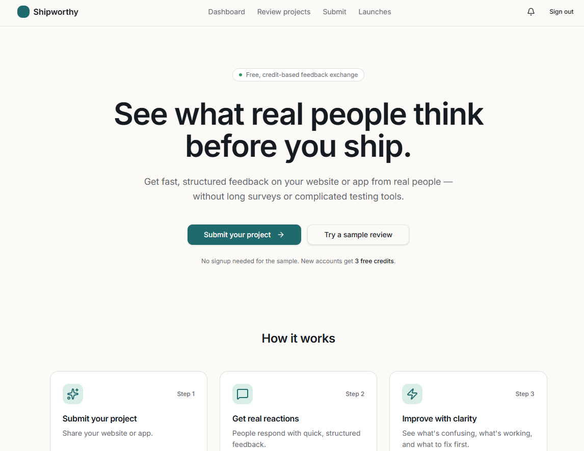 Shipworthy — AI Applications case study: A community SaaS where founders exchange structured, honest feedback through a credit economy