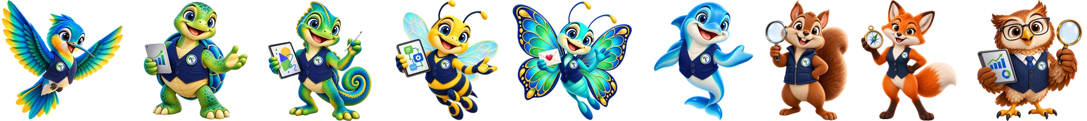 The nine Web Strategy Plus Growth Guides together: Sunny, Atlas, Pixel, Sage, Bloom, Finn, Scout, Piper and Dash