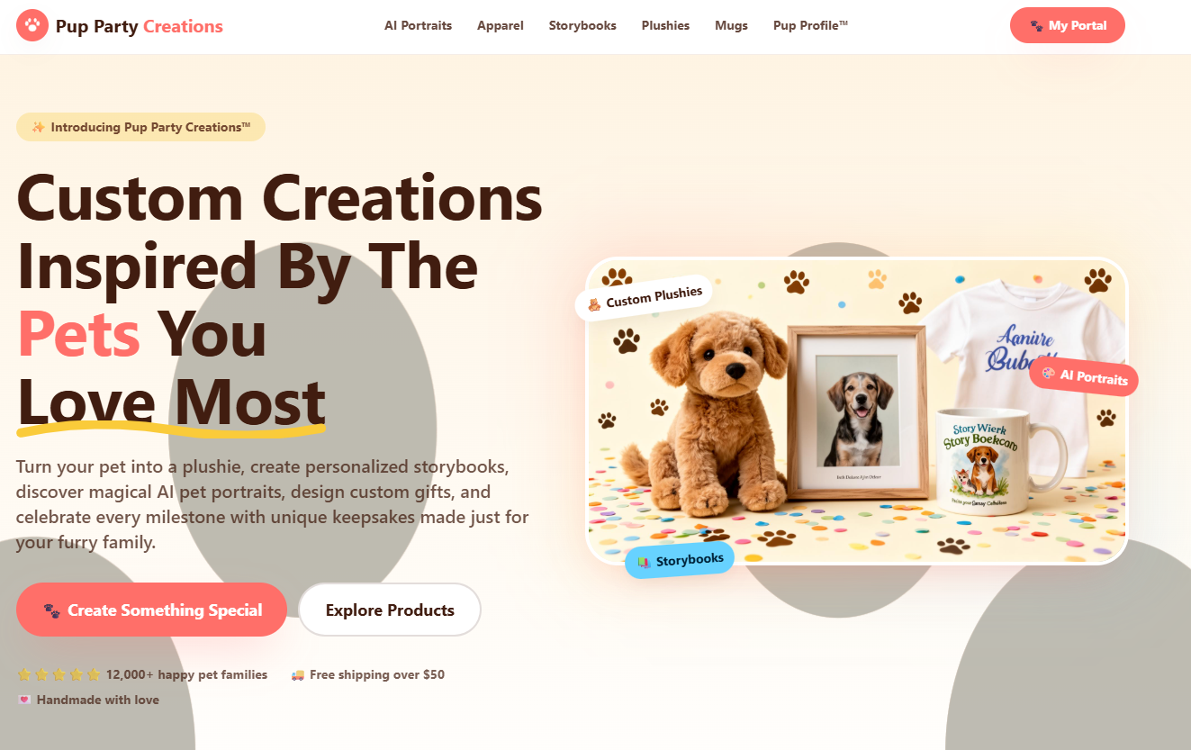 Pup Party Creations — AI Applications case study: AI-powered pet personalization turning photos into portraits, plushies, apparel, and gifts