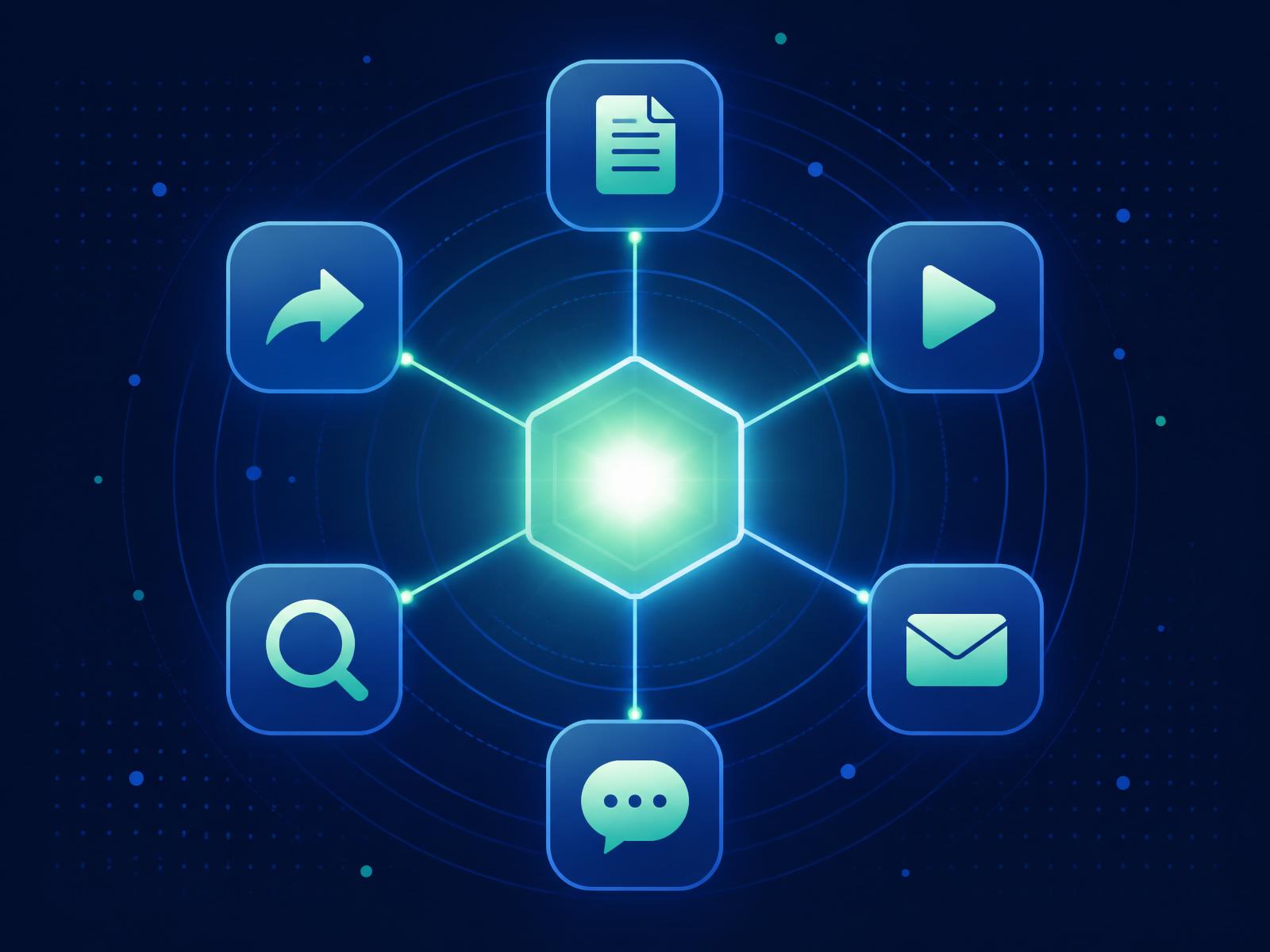 Diagram showing an AI-powered content marketing hub connecting blog articles, video, email, search, chat, and social distribution