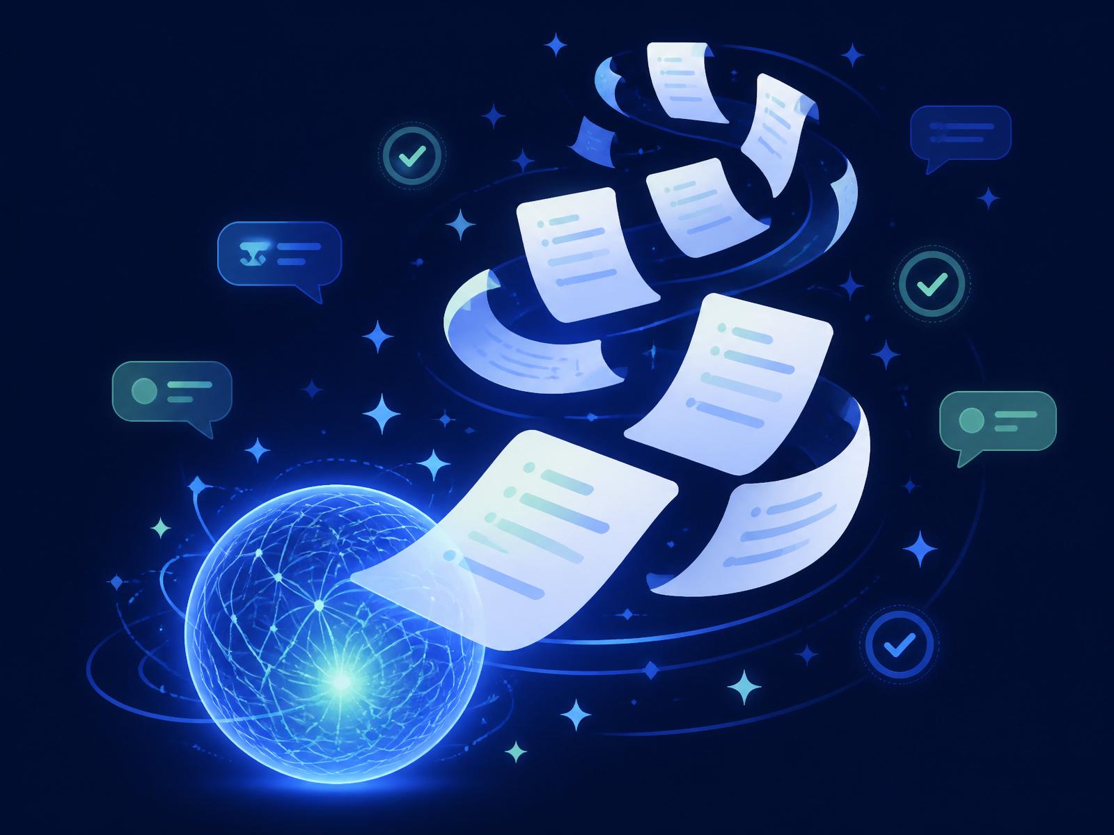 Illustration of AI-assisted content pages flowing from a neural core with brand voice and quality-check badges
