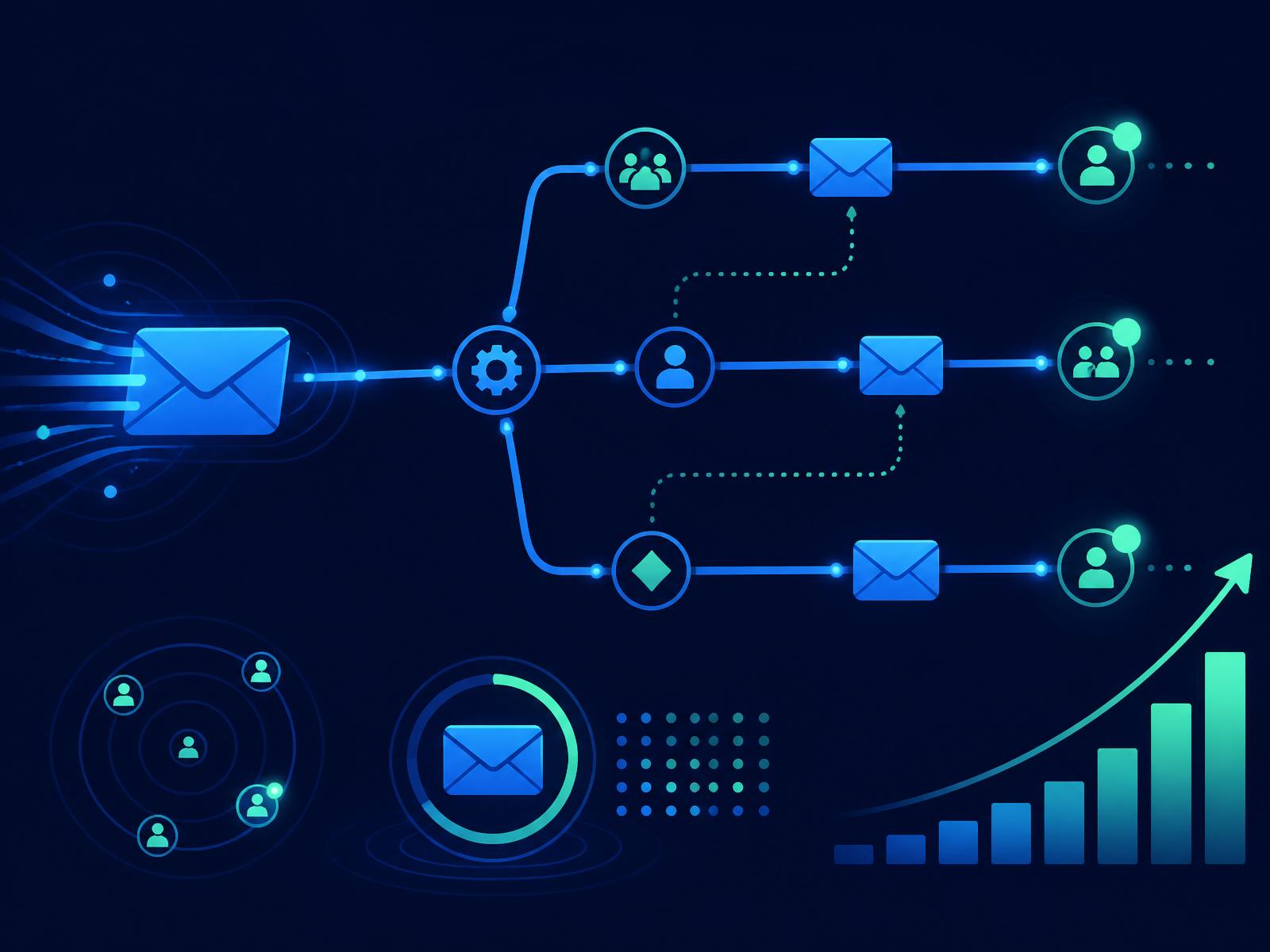 Illustration of an email marketing automation pipeline with segmentation, triggered sends, and an upward engagement chart