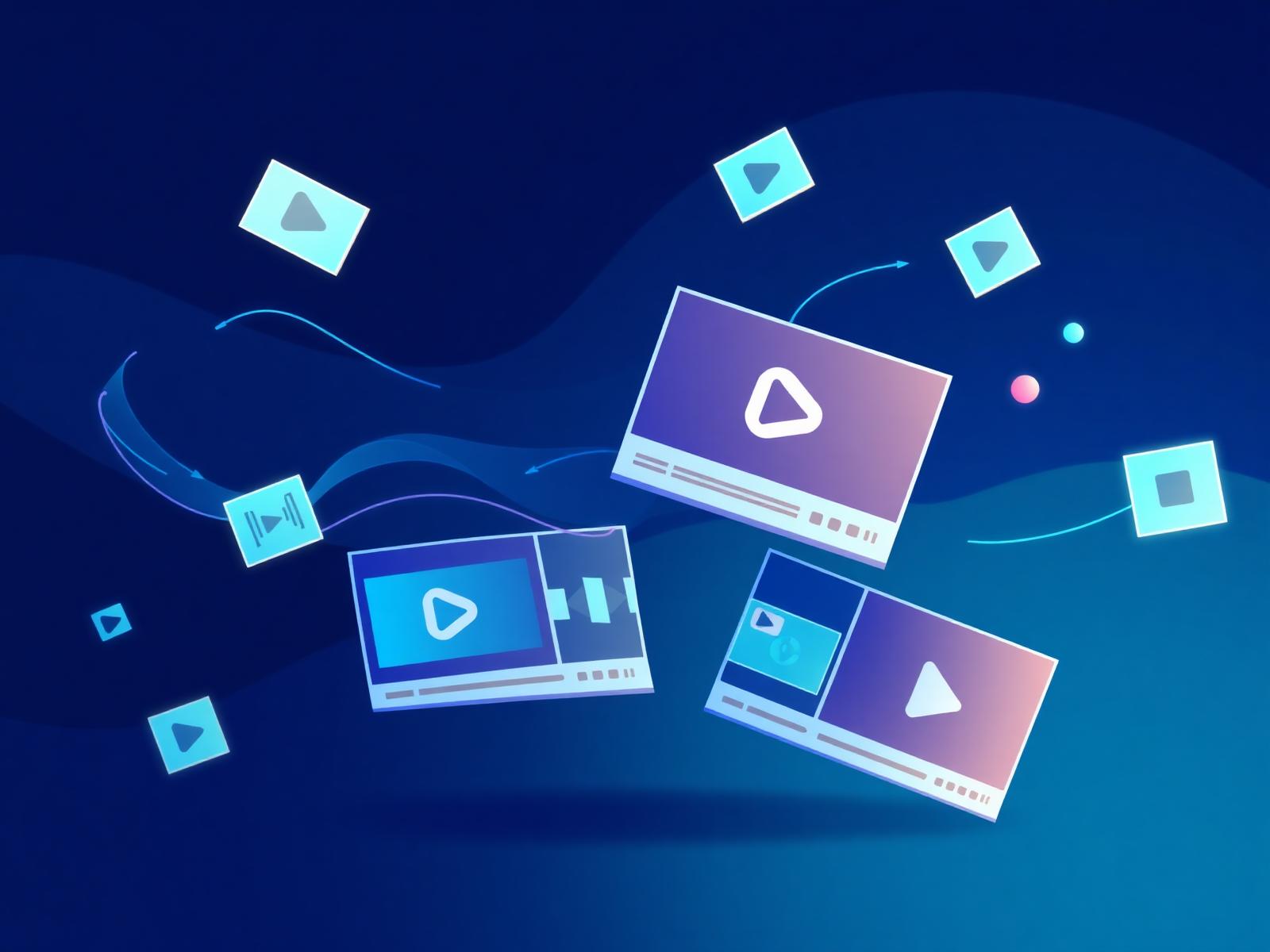 Illustration of layered video player cards and short-form clips representing multi-platform video marketing